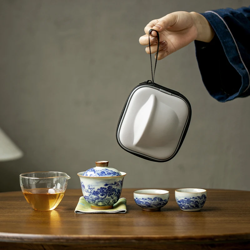 الصينية الرجعية الأزرق والأبيض الخزف فنجان شاي المحمولة وعاء واحد اثنين كوب ثلاثة أكواب السفر طقم شاي الكونغ فو