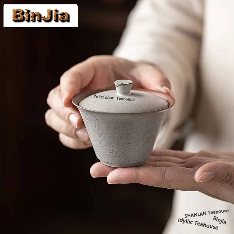 115ml Handamde Gray Coarse Pottery Gaiwan Antique Stoneware Hand Grabbing Tea Tureen Tea Brewing Cover Bowl Tea Items Craft Gift
