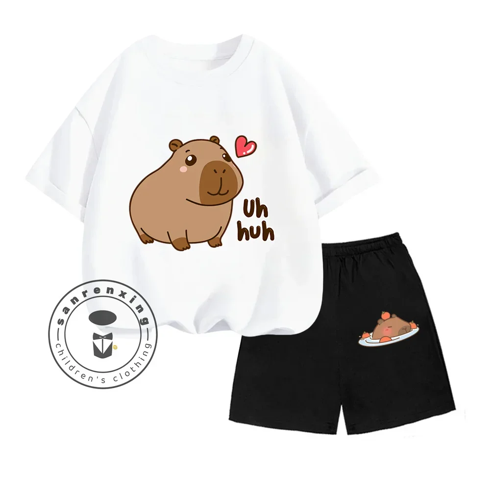 Capybara Vertical Graphic Cartoon Print Design O-neck Short Sleeves and Hip Hop Shorts Fit Both Boys and Girls Two-piece Sets