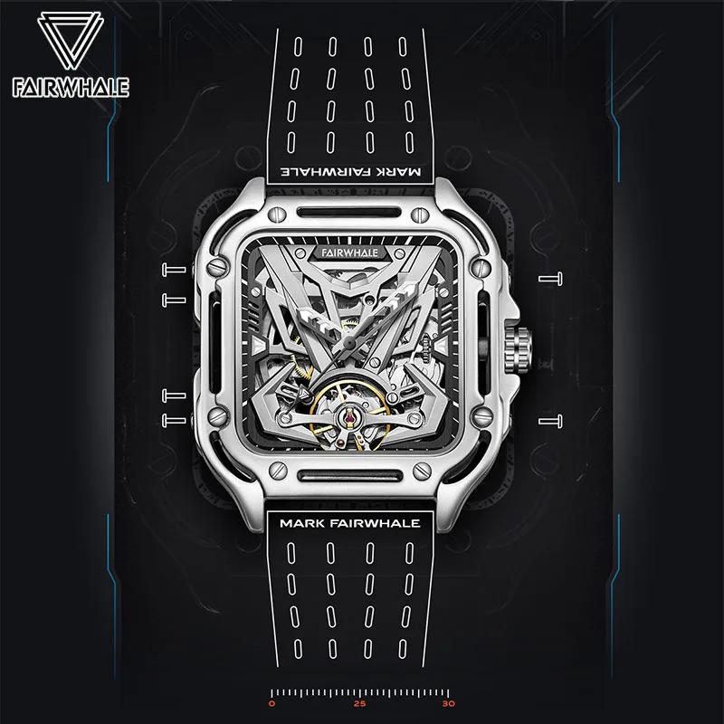 Novelty Hollow Automatic Men's Watches Fashion Stainless Steel Square Mechanical Watch for Man Cool Luminous Tourbillon montre