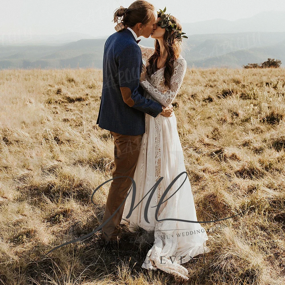 ML Long Sleeves A Line Boho Wedding Dress Custom Made Chiffon Lace V Neck Backless Rustic Garden Elopement Photography Bridal
