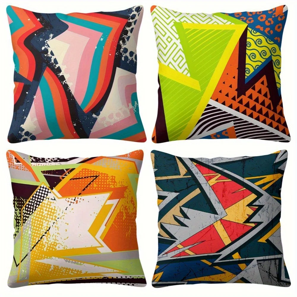 

Ретро-чехлы для подушек с геометрическим абстрактным принтом, яркие цветовые блоки и комбинированные узоры, энергичный современный декор для дома
