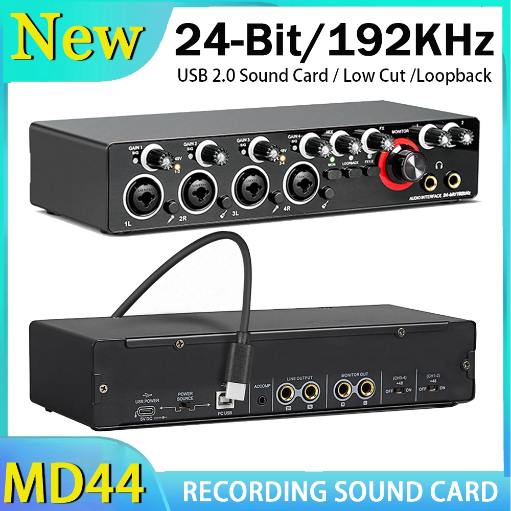 4 Channel Audio Interface MD44 Professional Sound Card with Monitoring Electric Guitar Live Recording For Studio Singing Micro