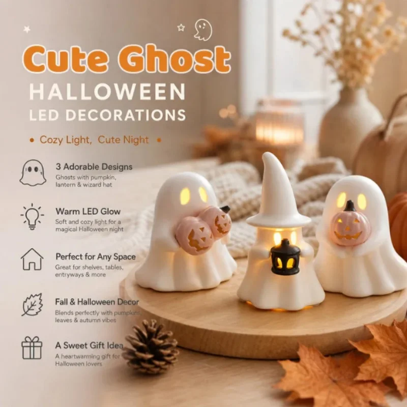 Cute Halloween Decorative Ghost Figures 3D Printed Ghost Ornament with LED Light Warm Glow Halloween Desktop Decorations