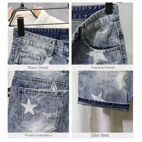 Celana pendek DENIM 2024มาใหม่ล่าสุดของผู้ชายที่มีการพิมพ์ที่ไม่ซ้ำกันและออกแบบบางเฉียบยาวถึงเข่ายีนส์ขาสั้นซักลำลองฤดูร้อน