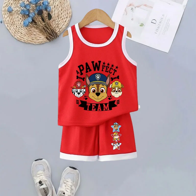 PAW Patrol Cartoon Printed Children Quick Drying Mesh Clothes Sets Boys Basketball Clothes 2 Piece Set Girls Breathable Vest Set