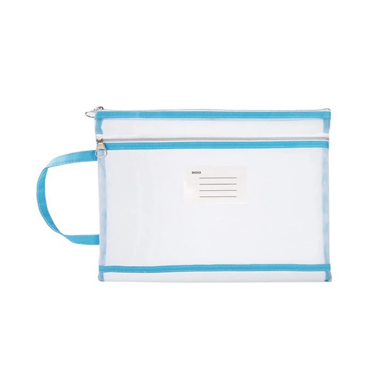 4Pcs Mesh Zipper Pouch Translucent A4 Document Bag Book File Folders A4 Mesh Zip Folder Blue