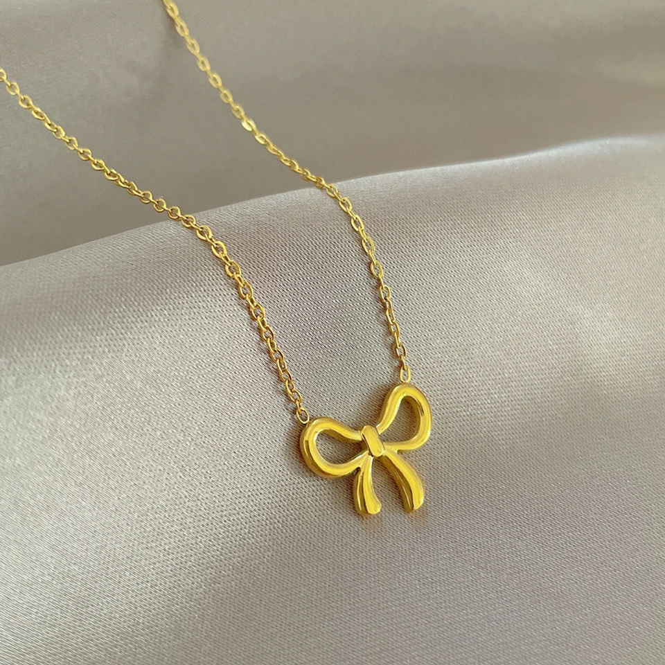 Yupsk Simple Korean Fashion Stainless Steel Bowknot Necklace for Women Delicate Bow Tie Charm Choker Necklaces Girls Gift