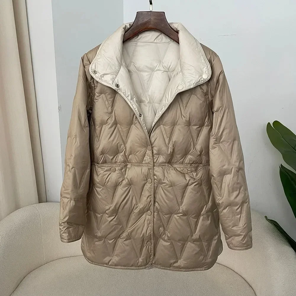 Veste réversible à col montant pour femme, manteaux légers mi-longs, en duvet de canard blanc 90%, ample et décontracté, automne-hiver 2025