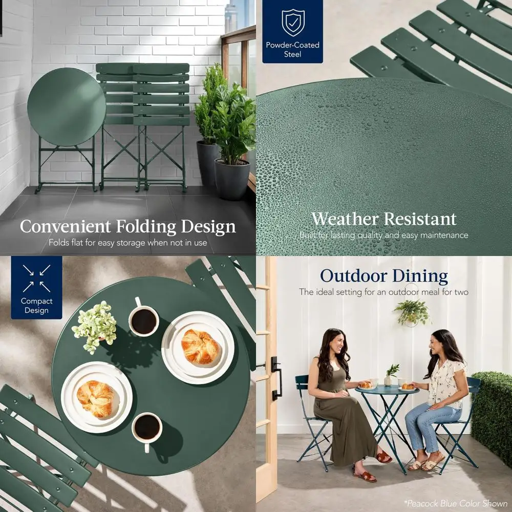 

3-Piece Bistro Set, Space Saving olding Design, Solid Steel, Outdoor Patio urniture Set w/ 2 Chairs, Bistro Table - k Green