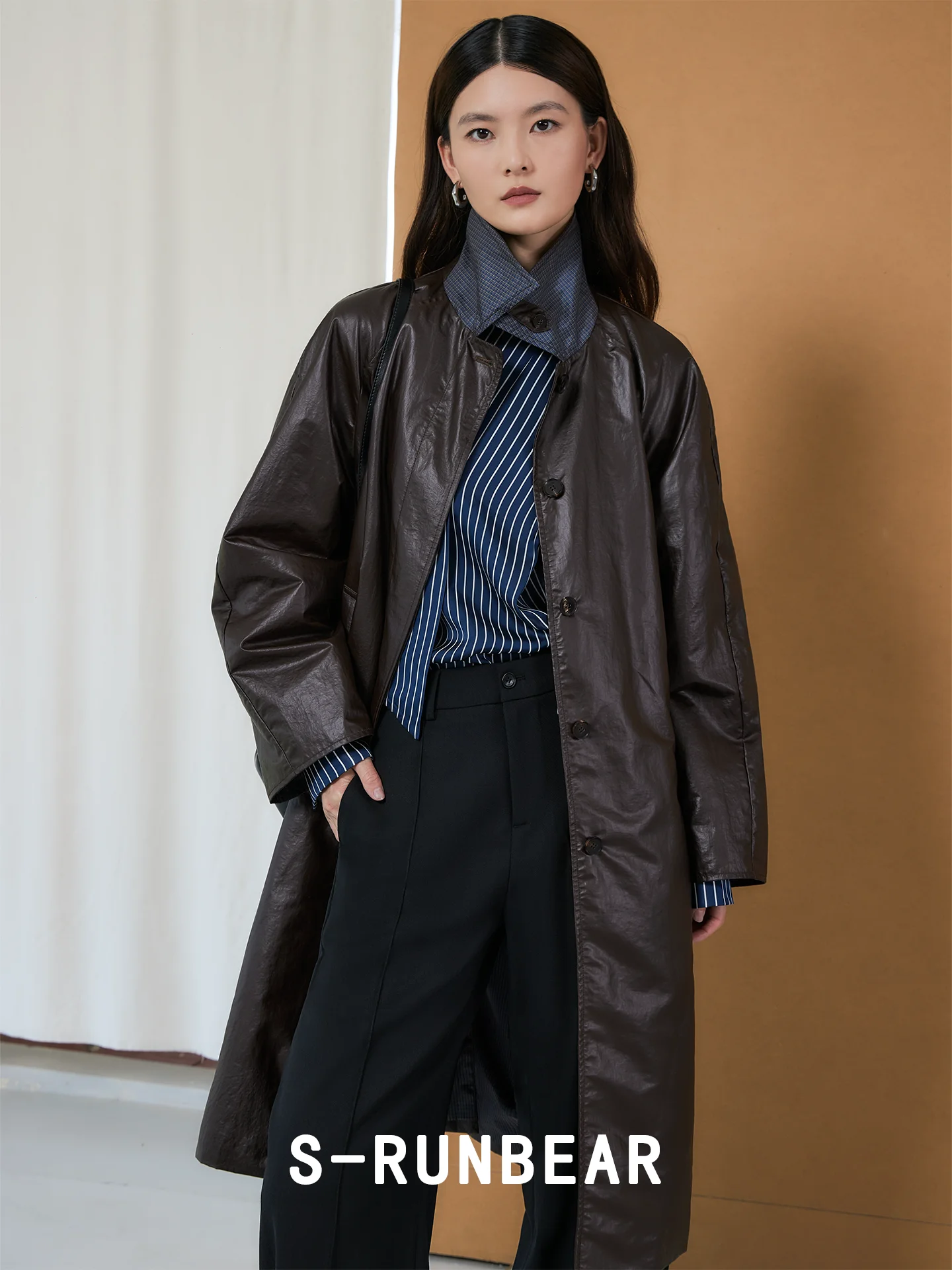 

SRUN Vintage Oil Wax Sle Light Weight Medium Length Coat Jaet Women's Commute Cotton 00% Single Button Windbreaker