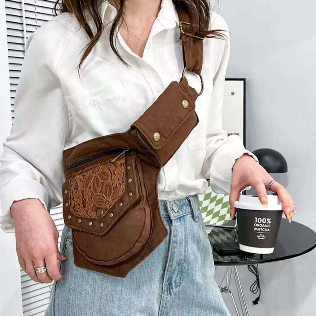 Retro Rivet Steampunk Waist Bag Canvas Knight Crossbody Chest Bag Unisex Multifunctional Storage Chest Bag