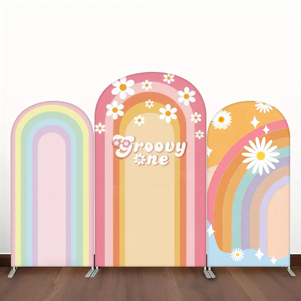 

Bohemian Rainbow Groovy Spandex Backdrop: Rainbow, Daisy Patterns（For Parties）