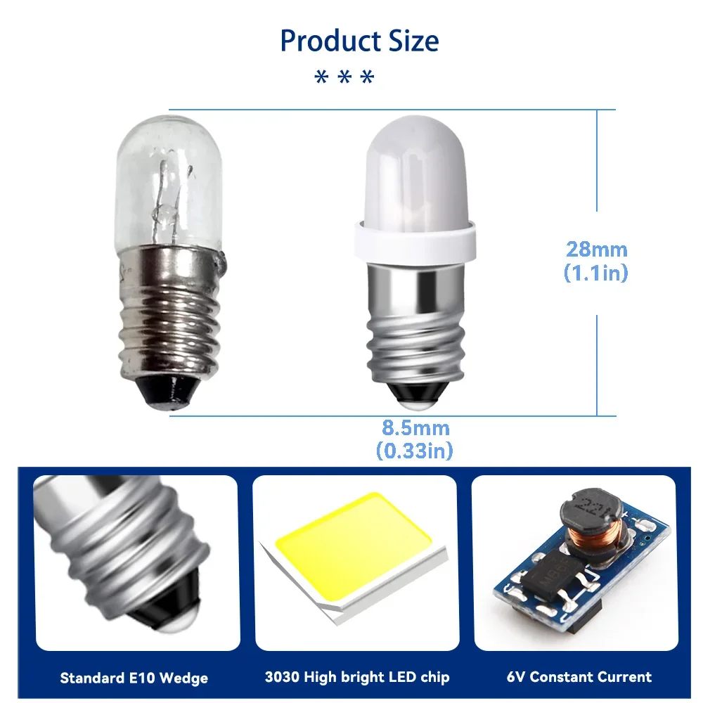 E10 LED Flashlight Bulbs E10 Screw Miniature Led Lights 6V 6.3V 3V 4.5V Led Bulb for Machine Equipment Emergency Torch Light