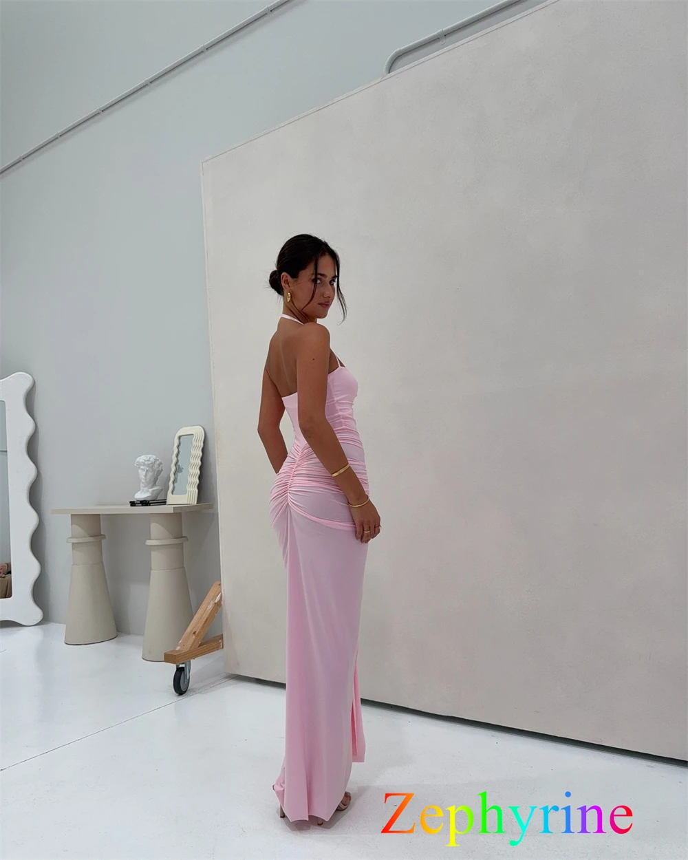 Personalizado sereia simples camisa rosa vestido de noite clássico halter sem mangas vestidos de baile moda vestido de festa