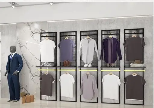 

Clothing store display rack Floor standing men's clothing store hanging rack Background wall decorative props display rack