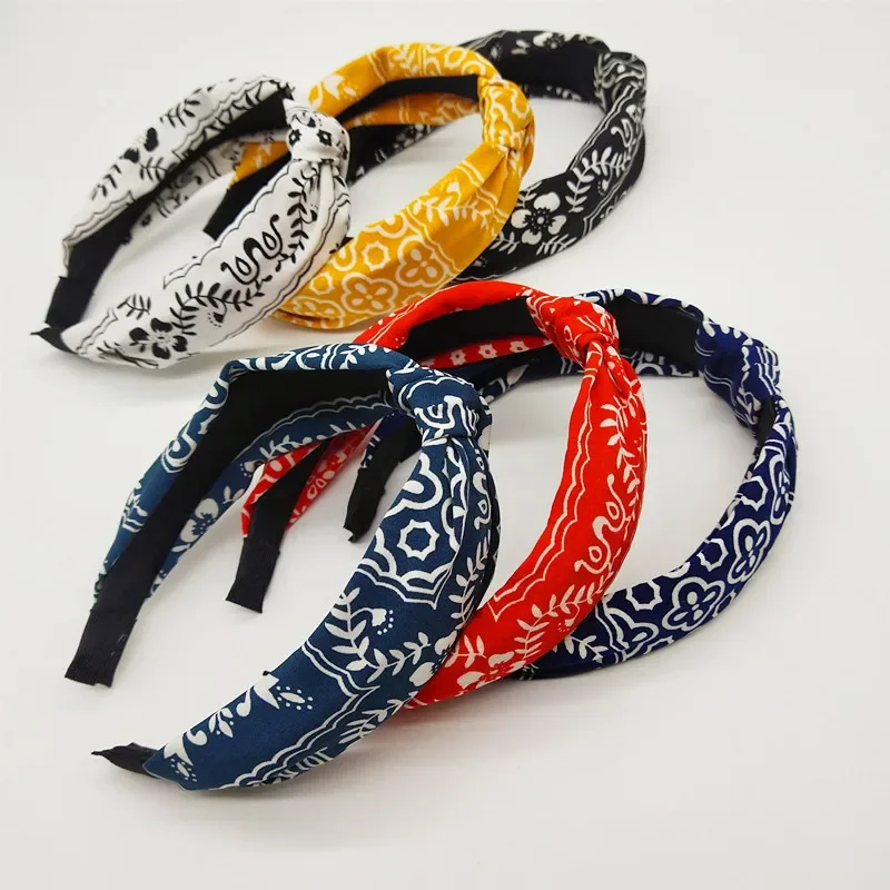 New Fashion Leaves Printed Knot Headbands Wide Ethnic Fabric Twist Hairbands for Women Girls Bezel Hair Hoops Hair Accessories