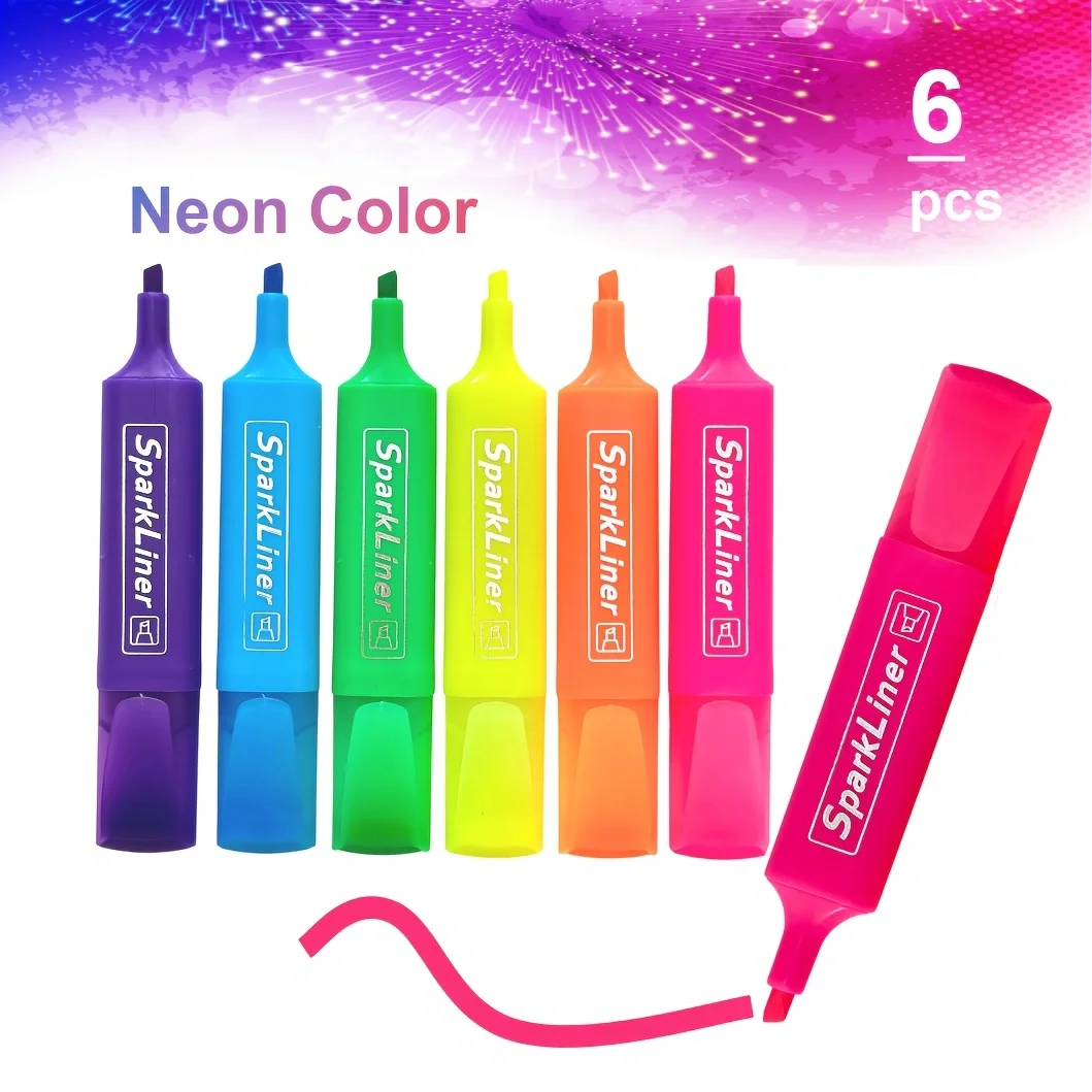 6pcs Neon Highlighter Pen Set – Chisel Tip Markers with Quick-Drying Water-Based Ink for Bright, Smooth Highlighting