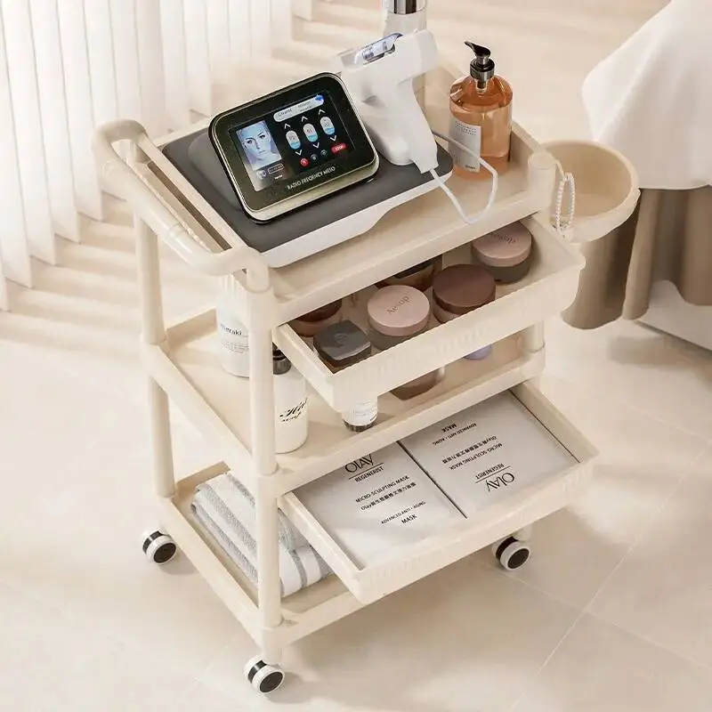 متعددة الوظائف عربة التجميل أدراج عجلات السيارة المساعدة صالون وعربة من الفولاذ المقاوم للصدأ الأسود الشعر الوردي الأثاث عربة تسوق