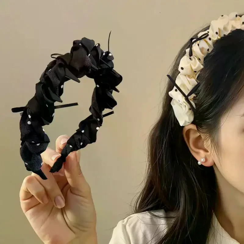 Vintage Polka Dot Bow Headband Women Hair Hoop High Cranial Top Princess Style Hairband Daily Makeup Washing Hair Accessories