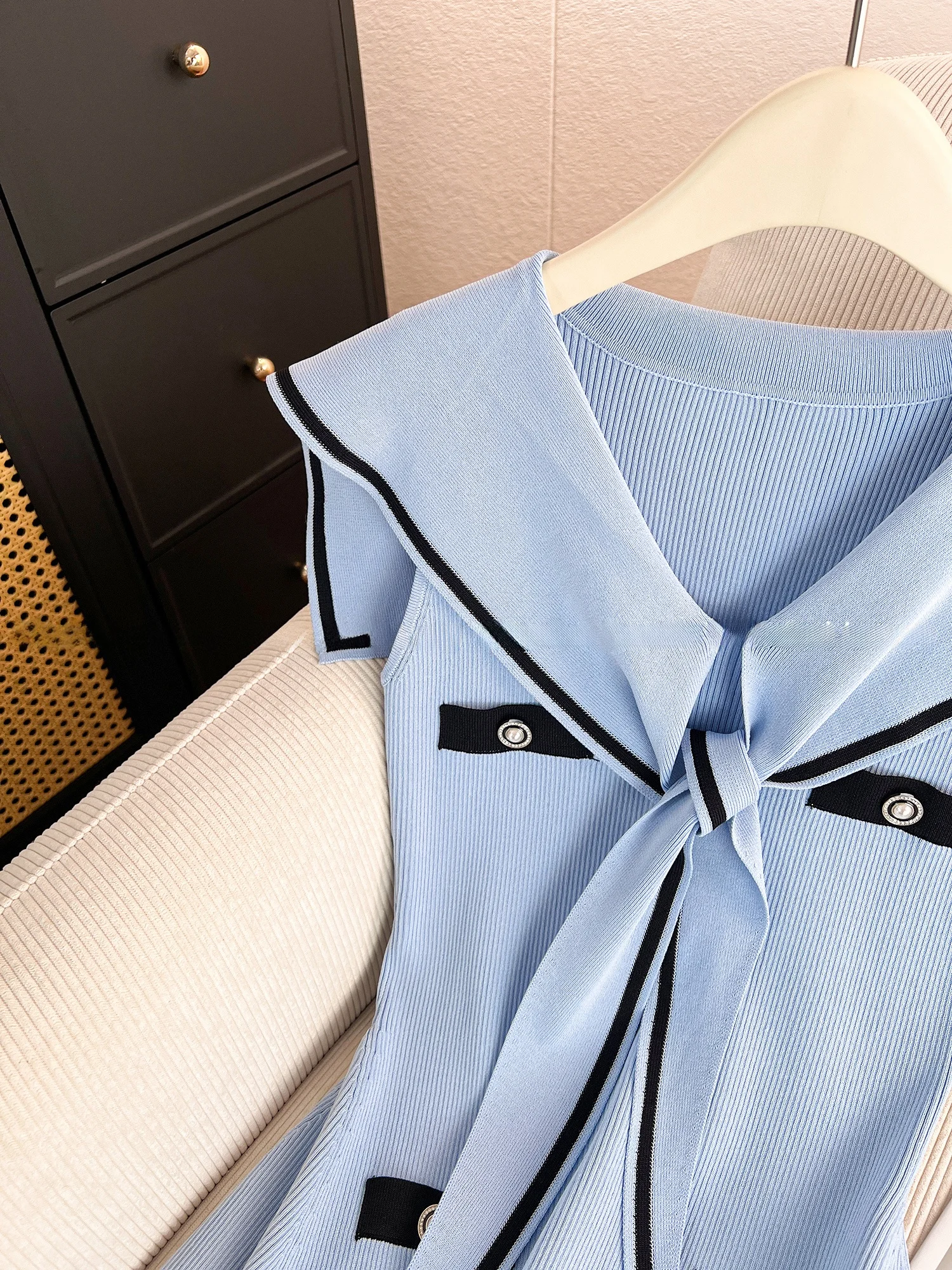 Damska dzianinowa kamizelka wyszczuplająca na lato, nowa, codzienna, w kolorze granatowym, z kołnierzykiem, podkreślająca talię, spódnica w kształcie litery A z wysokim stanem.