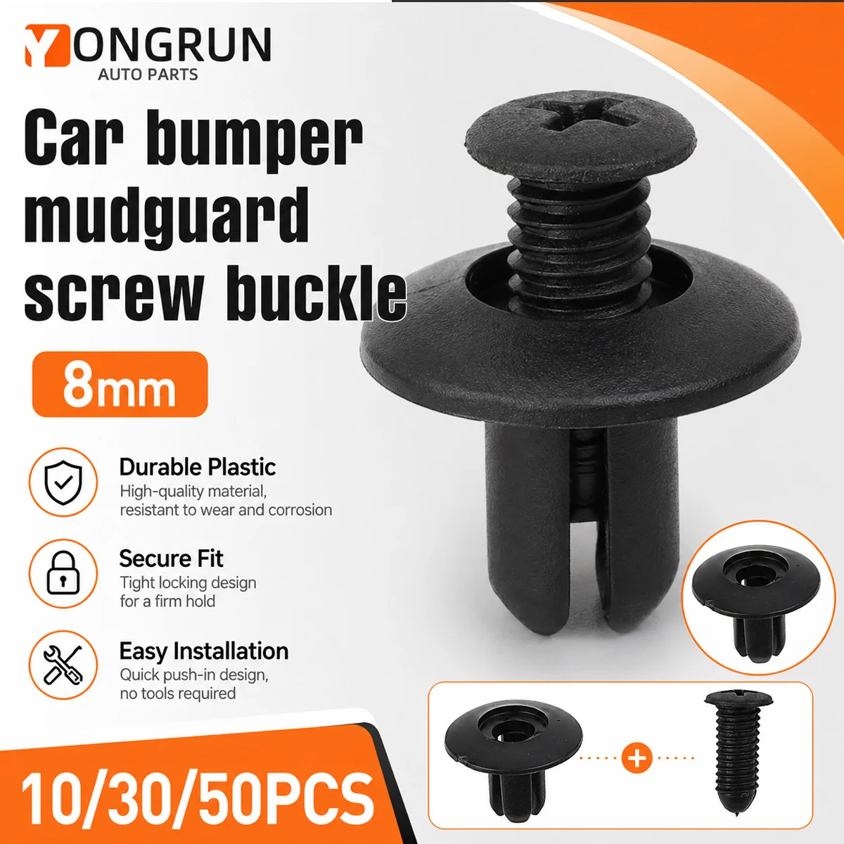 YONGRUN 10/30/50PCS 8mm Car Bumper Mudguard Screws Nylon Plastic Rivets Fasteners Black Rivets Car Fasteners Clips Car Parts