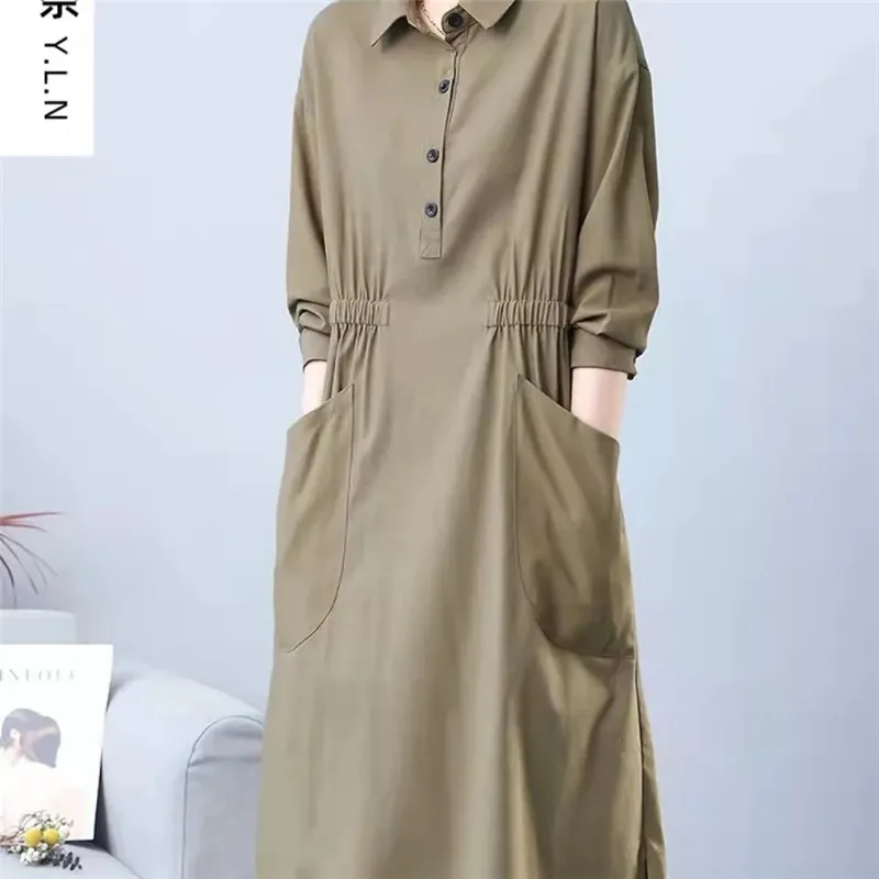 Fashion Cotton Linen Dress Female 2024 Spring Summer Autumn New Shirt Dresses Thin Elastic Waist Women's Dress Vestidos