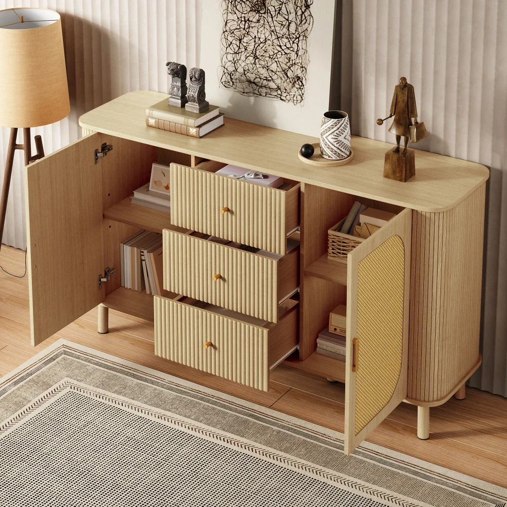 Modernes Sideboard mit vielseitigen Holzoptik-Schubladen, Regalen, Metallbeinen für die Aufbewahrung im Wohnzimmer – Detail 9