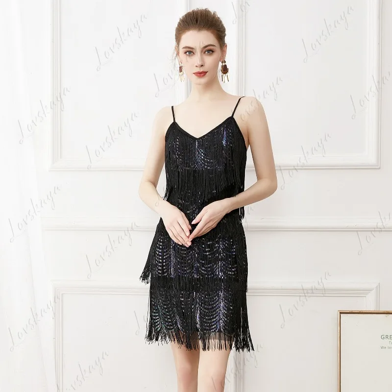 

Strappy Sequined Fringed Dress for Latin Dance Party, Sexy V-Neck Dress, Fashion Party
