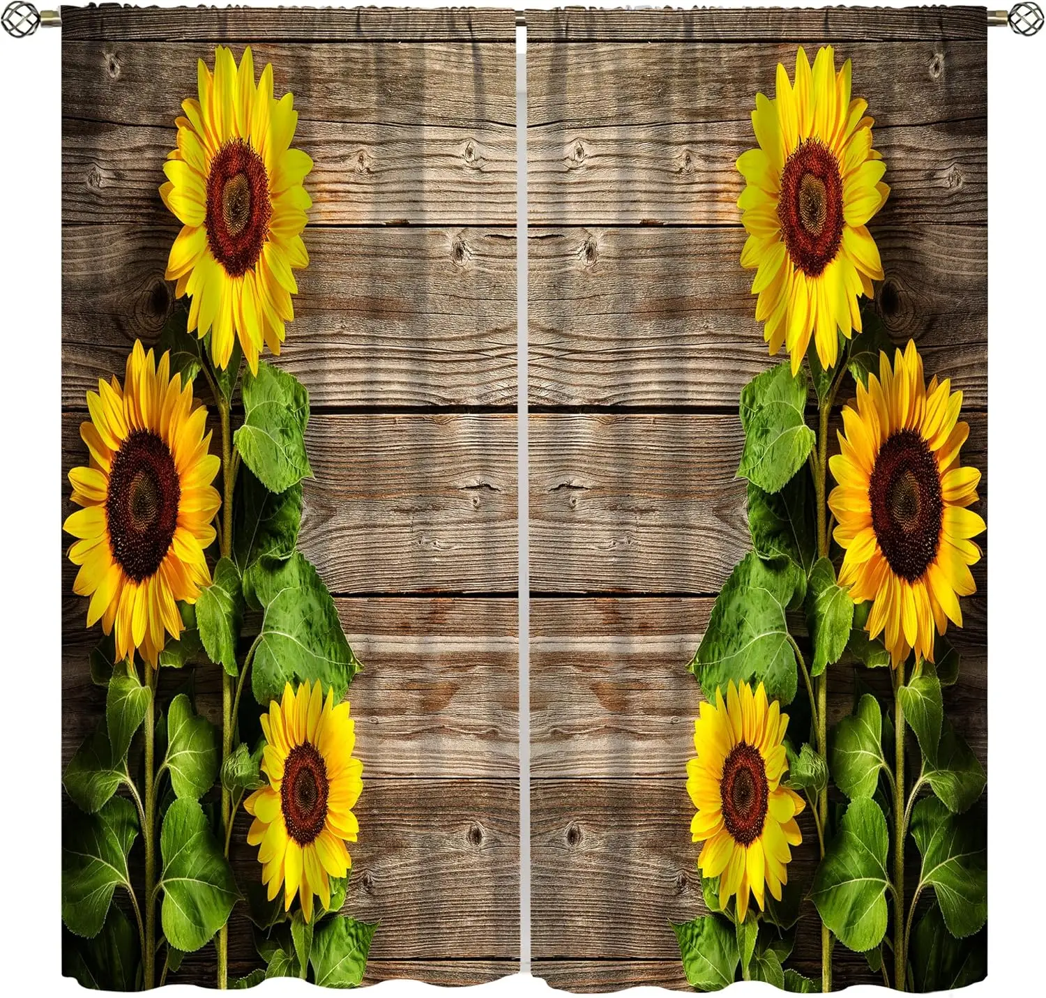 Sunflower Curtains, Country Style Sunflower Wood Window Decor for Living Room Bedroom Yellow Floral Farmhouse Country Curtains