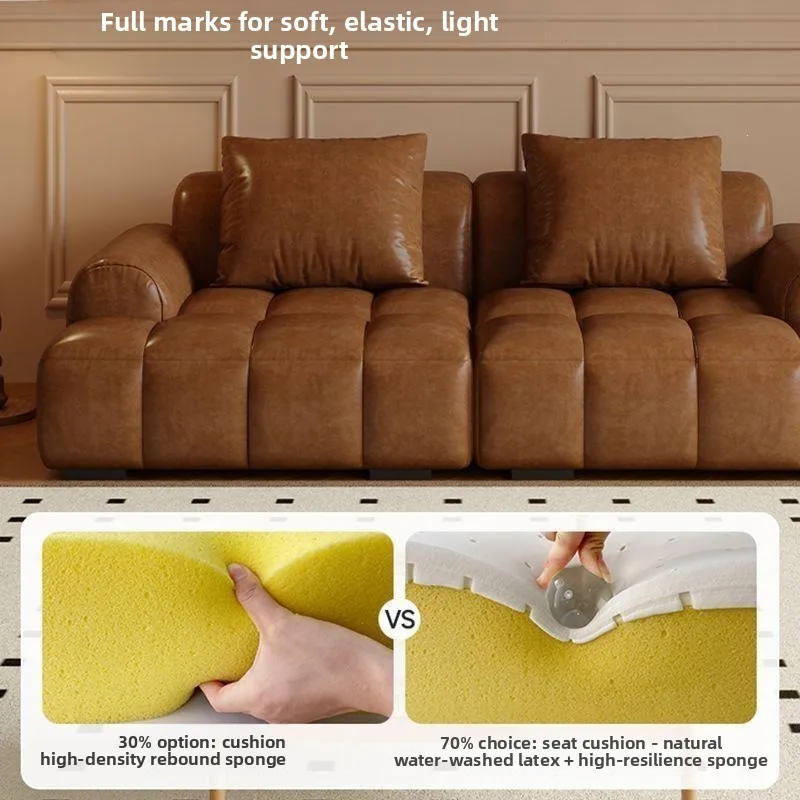 Cat scratch oil wax leather puff sofa, living room household small apartment straight row American square sofa