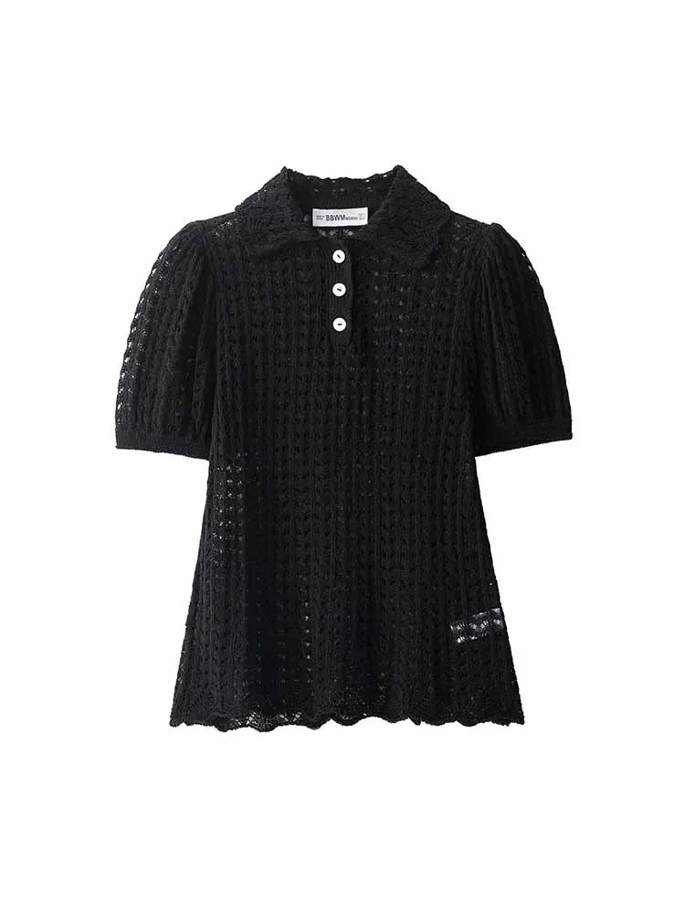 

European and American style autumn new fashion trend women's clothing hollow knitted polo shirt collar short sleeve top