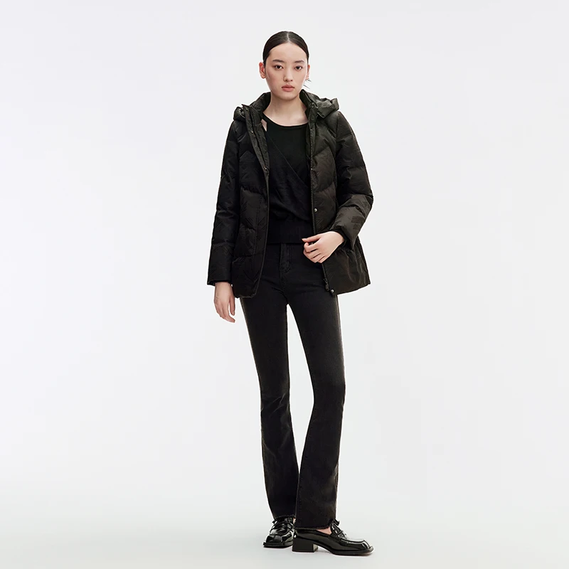 Chericom レディース ブラック フード付きダウンジャケット ジャカードパターン 暖かいパファージャケット ショート 冬の必需品 ジッパーパファージャケット Y299300Y