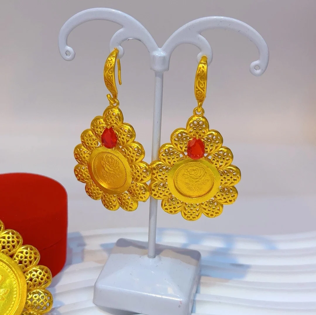 New 24k Gold Plated Jewelry Flower Necklace Women's Earrings Popodion Fashion Two Piece Set YY10410