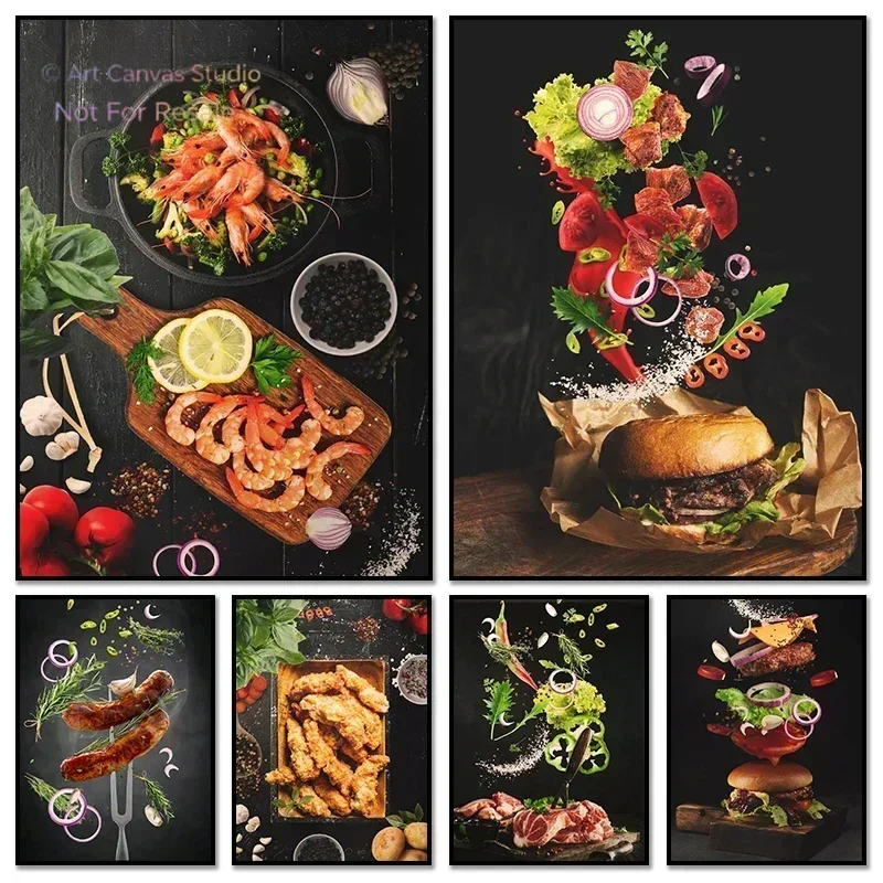 Kitchen Poster Fast Food Hamburg – Fried Chicken Pasta HD Frameless Canvas for Modern American Restaurant Home Decor