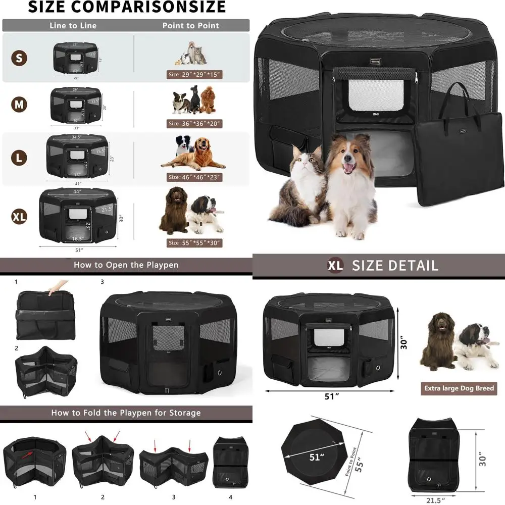 

Портативный манеж для домашних животных для маленьких собак, кошек, кроликов и цыплят — в помещении и на открытом воздухе с чехлом для переноски, съемным чехлом на молнии (черный)