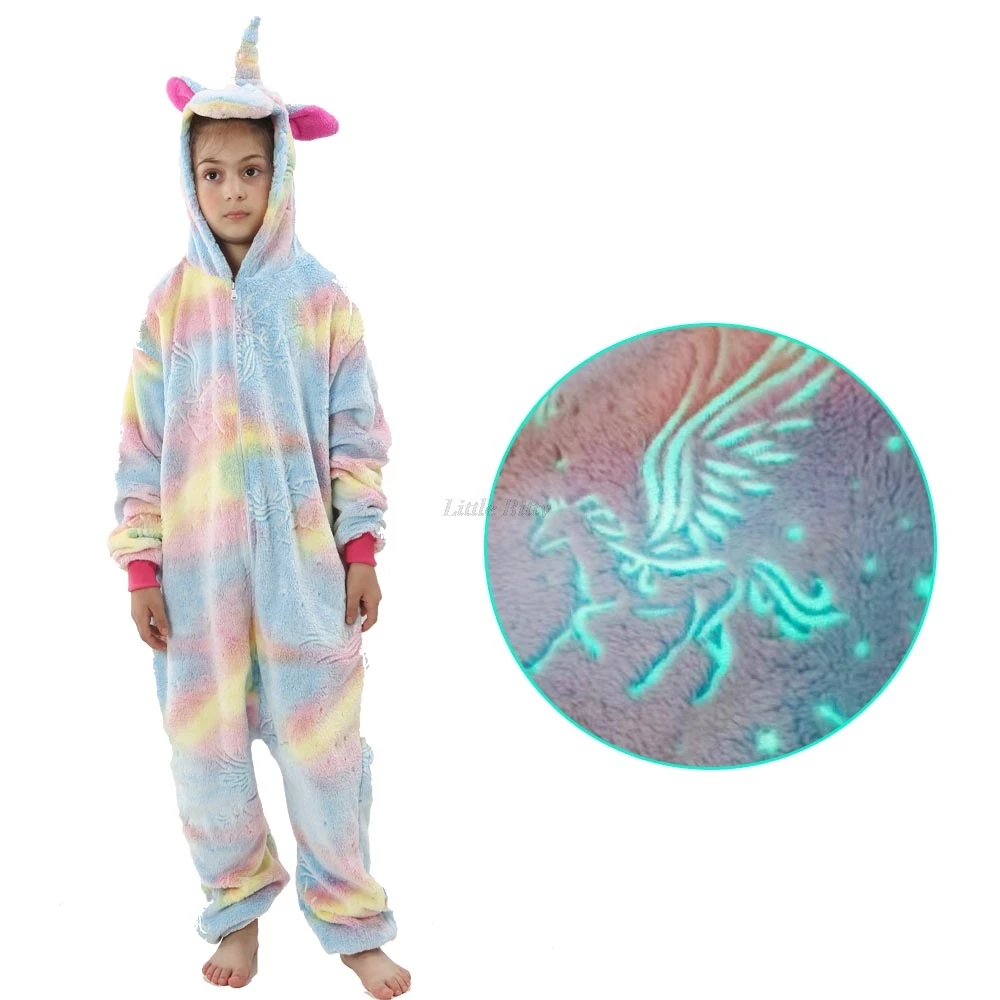 Glow in Dark Kigurumi Pajamas Girls Unicorn Onesies Pajamas Kids Pyjamas for 4 to 12 Years Hooded Jumpsuits Kigurumi Unicorn