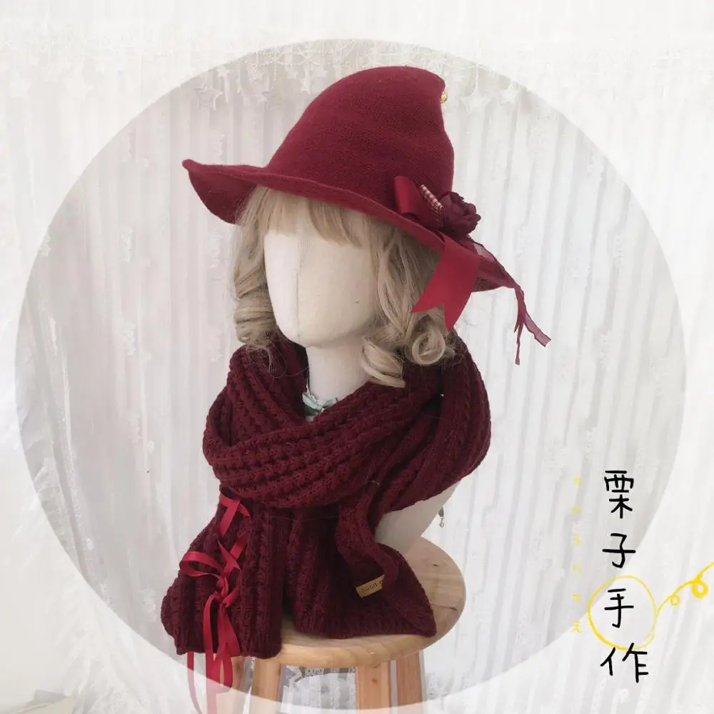 Magic Girl Gothic Knitted Wizard Hat Lolita Halloween Witch Hat Vintage Cute Bow Ribbon Party Props Peaked Cap Black Red