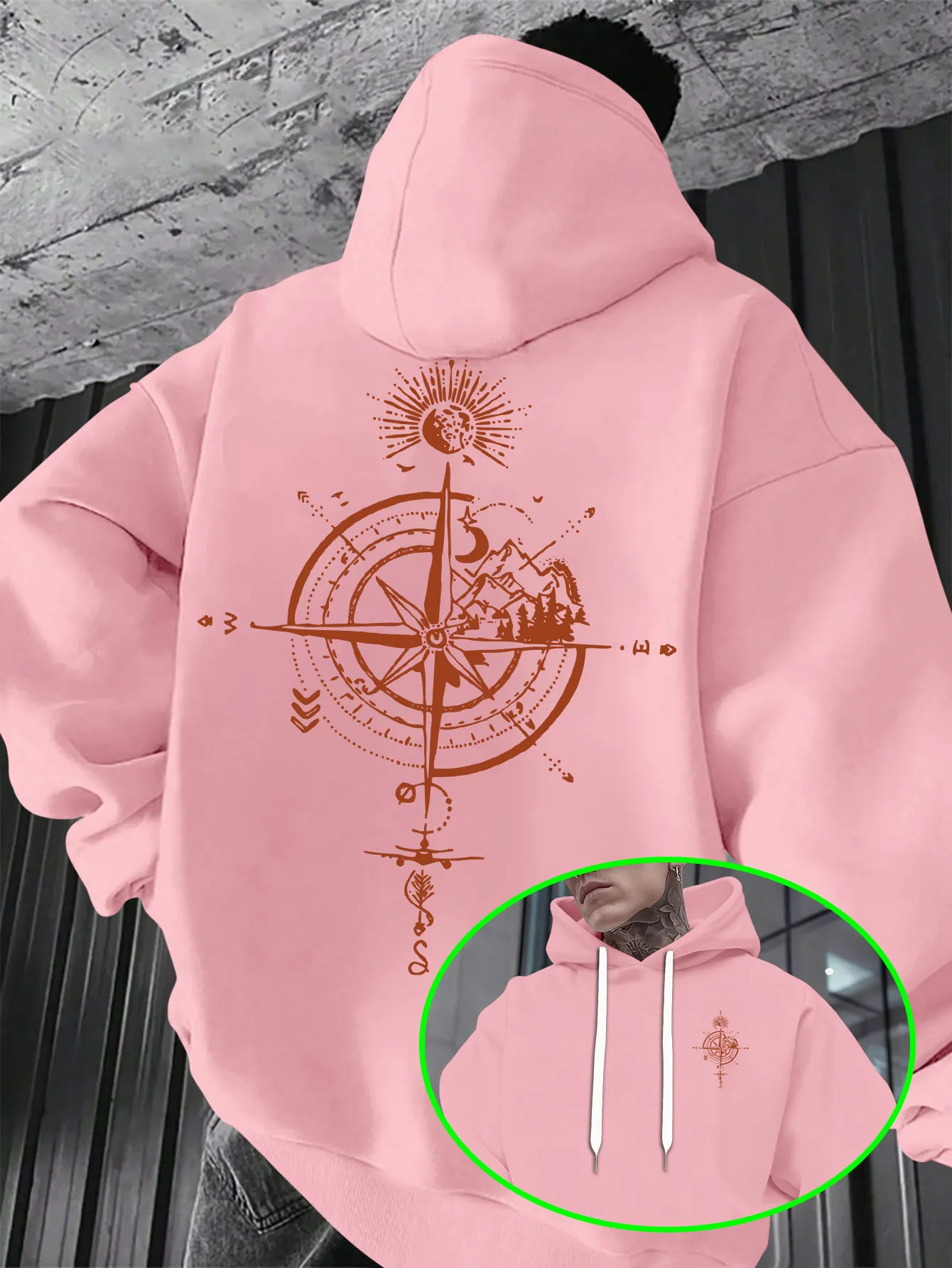 Men Compass Sun Back Print Graphic Hoodie Loose Fit Cotton Hooded Sweatshirt Autumn Winter Outdoor Streetwear Men Clothing