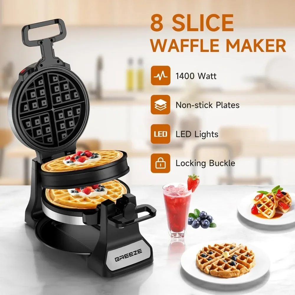 Waffle Maker, Double Belgian Waffle Maker 180°Flip, 1400W Waffle Iron 8 Slices, Rotating & Nonstick Plates Takoyaki pan