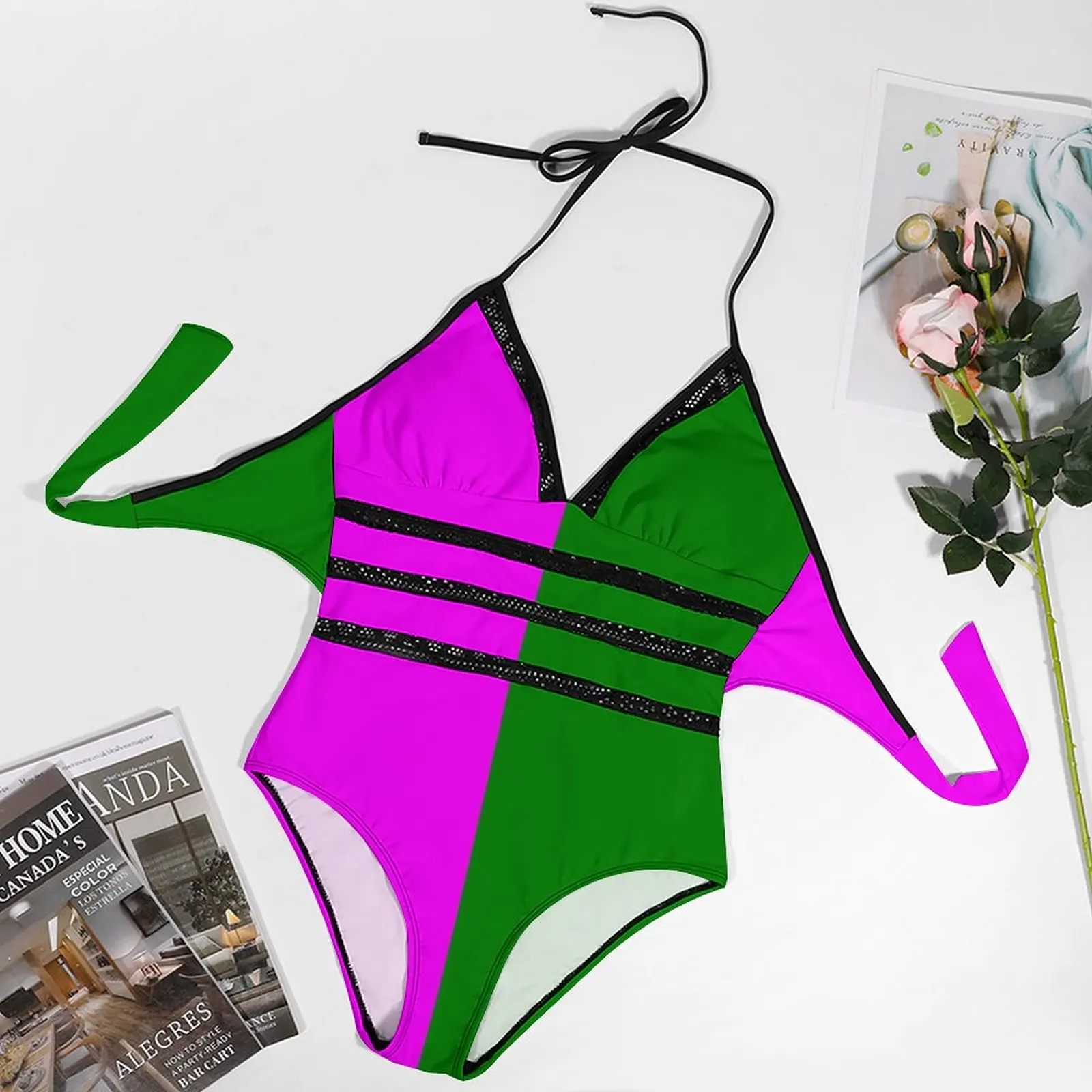 Maillot de bain une pièce en maille Patchwork, vert et rose, Sexy, Monokini, drôle, mignon, nouvelle collection