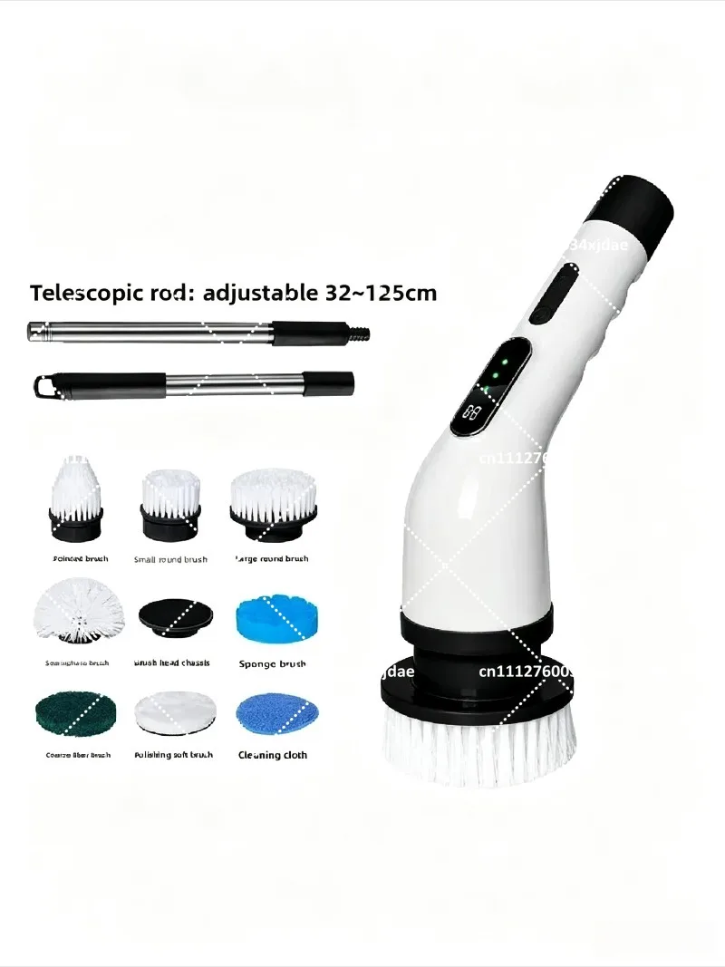 Electric Cleaning Brush with 9 Replaceable Heads, Wireless Charging Telescopic Handle for Kitchen Bathroom Floor Scrubbing