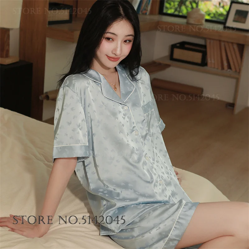 Summer Female Pajamas 2PCS Set Jacquard Butterfly Ice Silk Sleepwear Home Clothes Loose Casual Short Sleeve Shorts Pijamas Suit