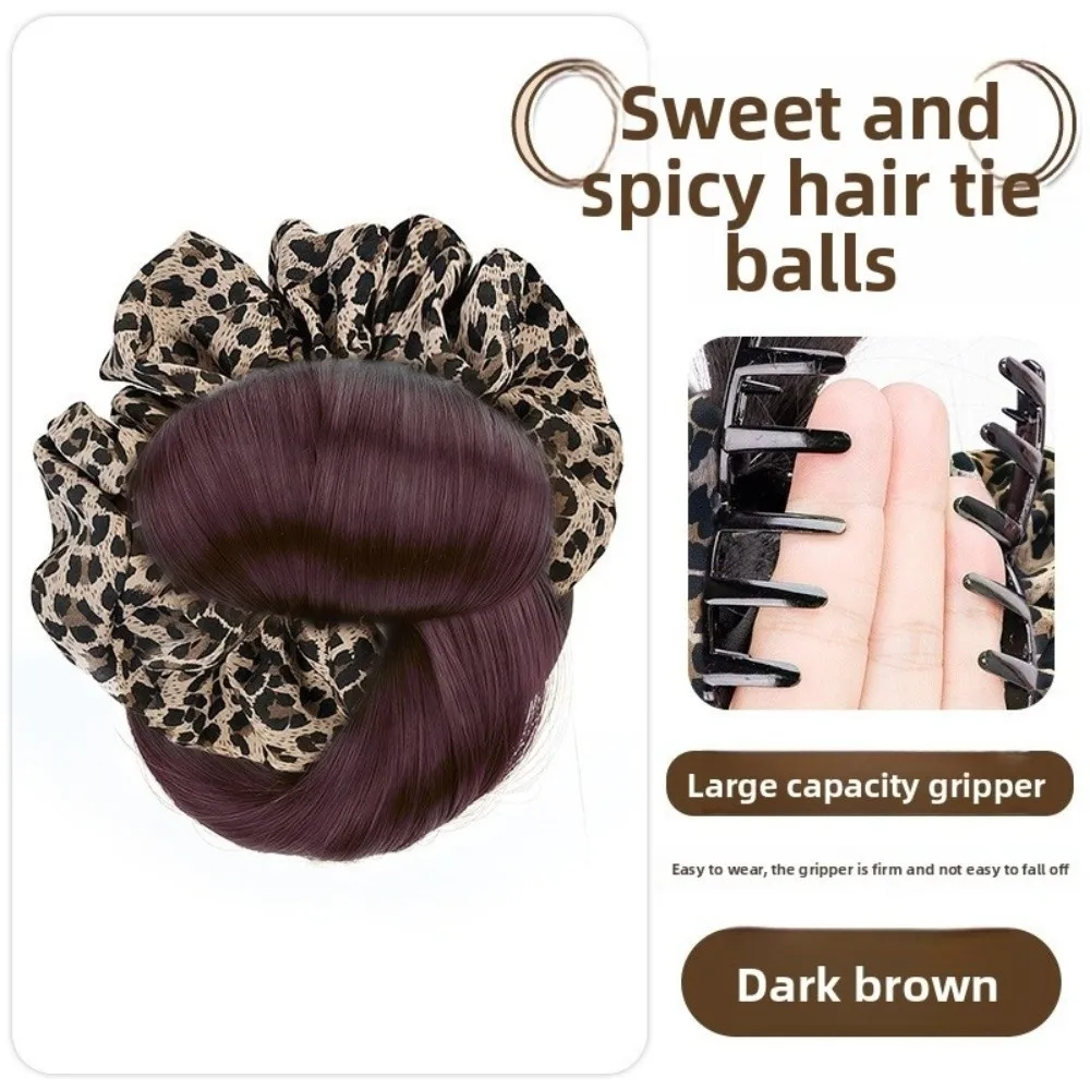 Jepit Rambut Sintetis Model Sanggul Motif Leopard dengan Ikat Rambut Wig Jepit Rambut Palsu Cokelat Mengembang Aksesoris Rambut