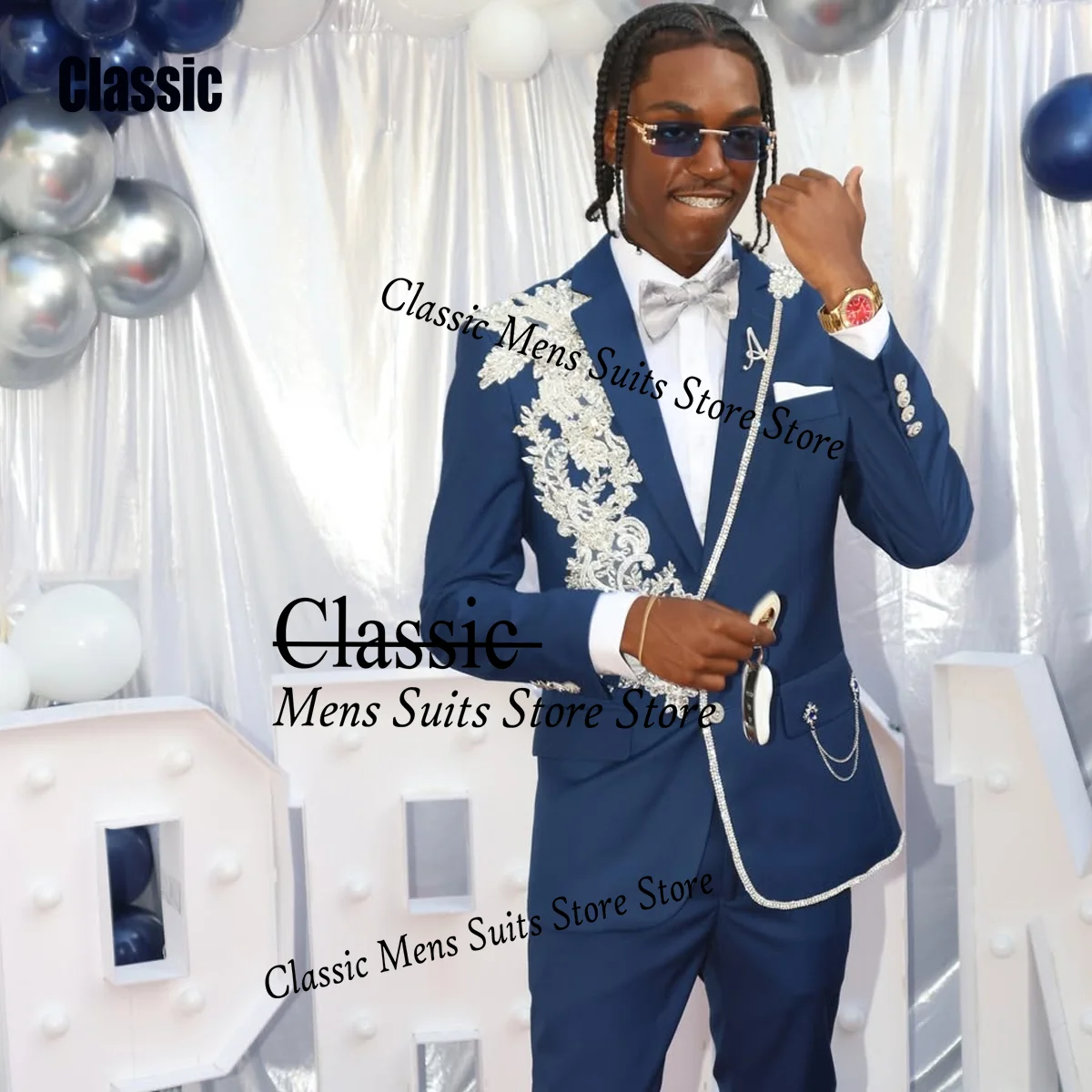 Customized Sparkly Embroidery Jewelry Men Suit Luxury Diamond Wedding Tuxedos Slim Elegant hombre 2 Pieces Set Groom Male Blazer