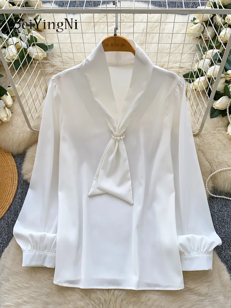

Beiyingni женские топы с длинными рукавами Kpop повседневные однотонные атласные блузки с v-образным вырезом и бисером женские свободные весенне-осенние белые рубашки