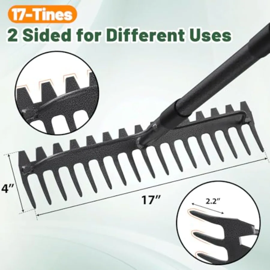 Garden Rake, 63 Inch Long Handle with 17 Tongs, Heavy Duty Metal Bow Rake for Loosening Leveling Soil, Garden Leaf Rake for Rak