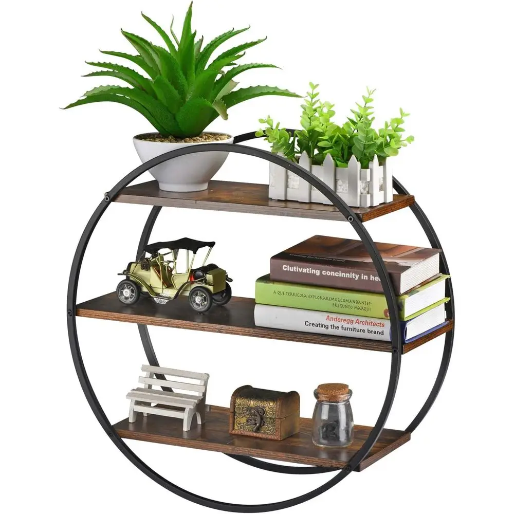 

Floating Shelves, 3 Tier Decorative Geometric Circle Metal and Wood Wall Shelves, Bathroom Shel Round Wall Decor, Rustic Brown