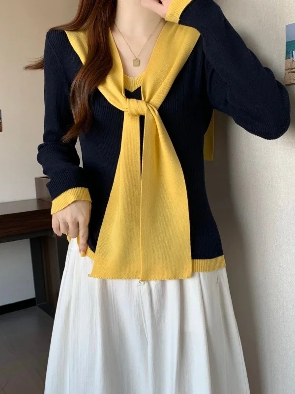 التخسيس V-Ne محبوك سترة المرأة الخريف الشتاء قطعتين مجموعة oulder طول تريكو قاعدة irt الكورية Sle تخفيف