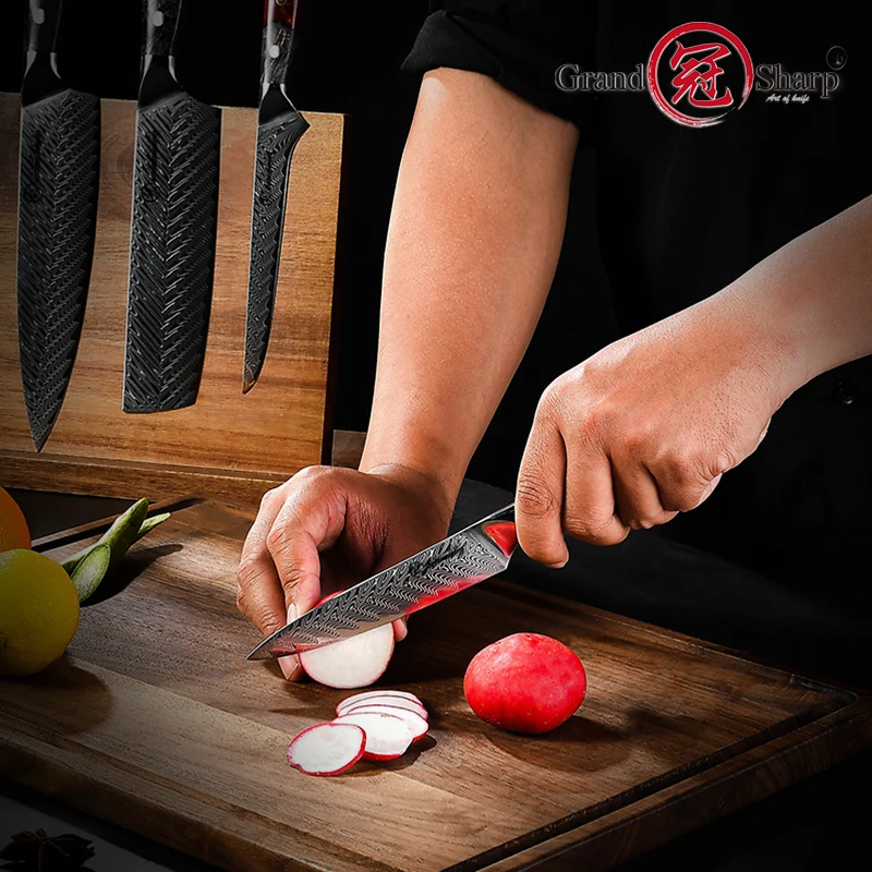 Grandsharp Professional 5 Inch Japanese Utility Knife AUS10 Damascus Steel Kitchen Knives  Meat Slicing Fruit Cutter Petty Knife